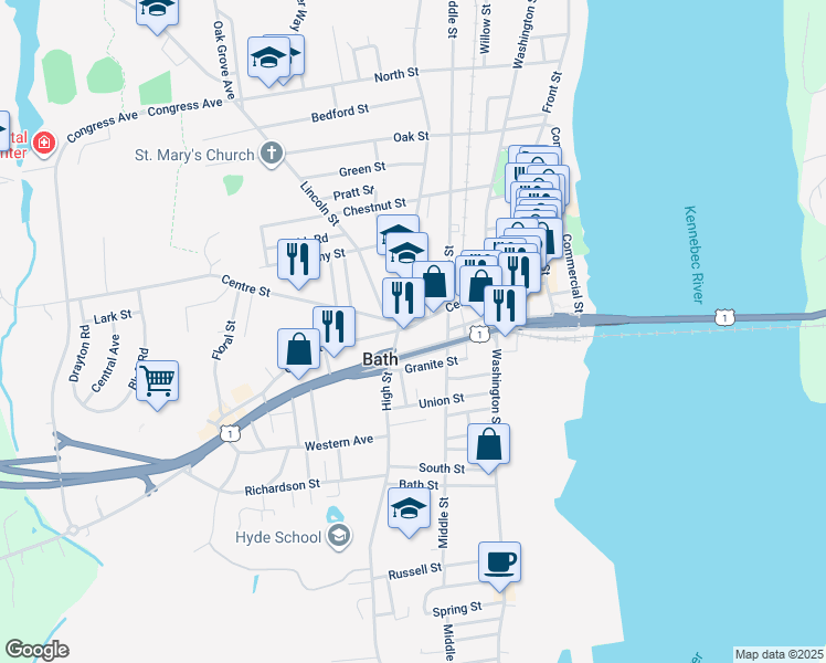 map of restaurants, bars, coffee shops, grocery stores, and more near 154 Centre Street in Bath