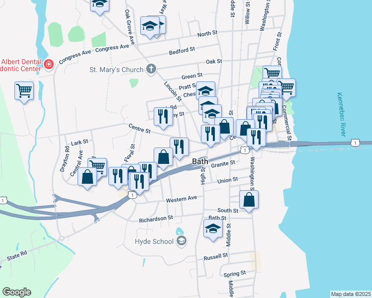 map of restaurants, bars, coffee shops, grocery stores, and more near 44 Court Street in Bath