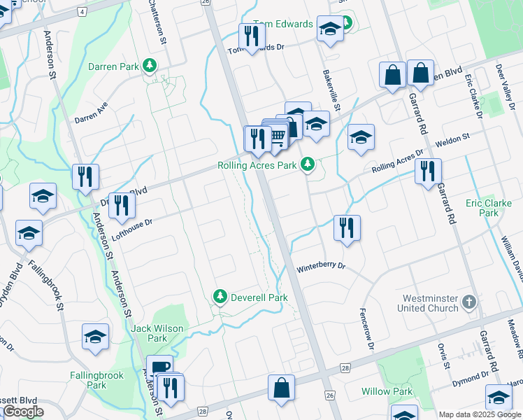 map of restaurants, bars, coffee shops, grocery stores, and more near 3555 Thickson Road in Whitby