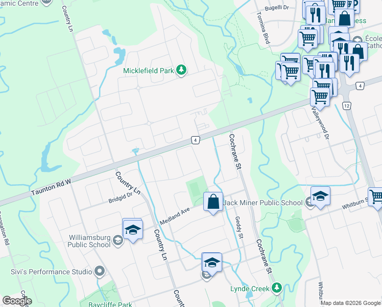map of restaurants, bars, coffee shops, grocery stores, and more near 36 Splendor Drive in Whitby