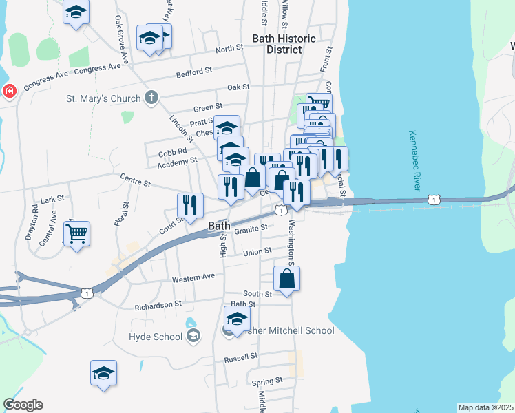 map of restaurants, bars, coffee shops, grocery stores, and more near 735 Middle Street in Bath