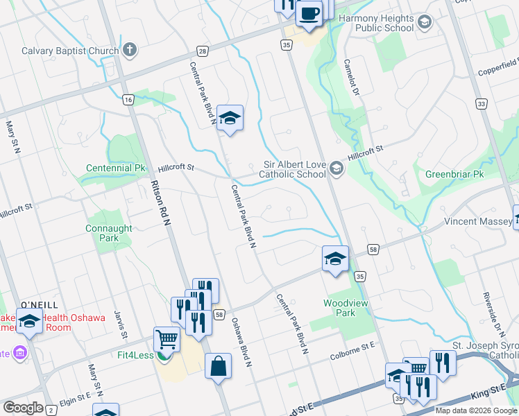 map of restaurants, bars, coffee shops, grocery stores, and more near 394 Amstel Court in Oshawa