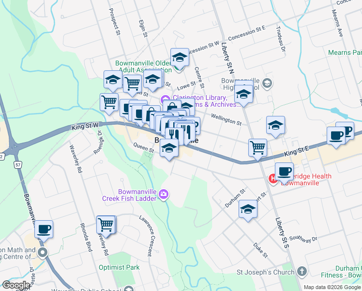 map of restaurants, bars, coffee shops, grocery stores, and more near 55 King Street East in Bowmanville