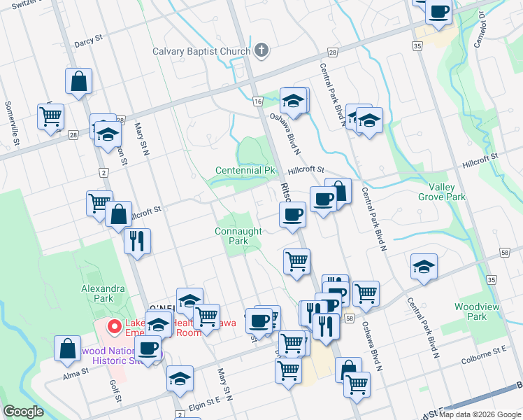 map of restaurants, bars, coffee shops, grocery stores, and more near 451 Trick Avenue in Oshawa