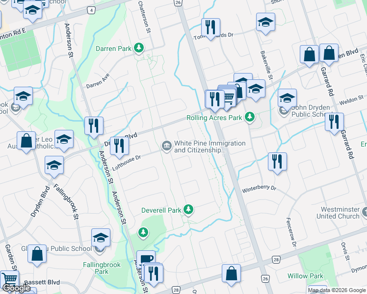 map of restaurants, bars, coffee shops, grocery stores, and more near 51 Lofthouse Drive in Whitby
