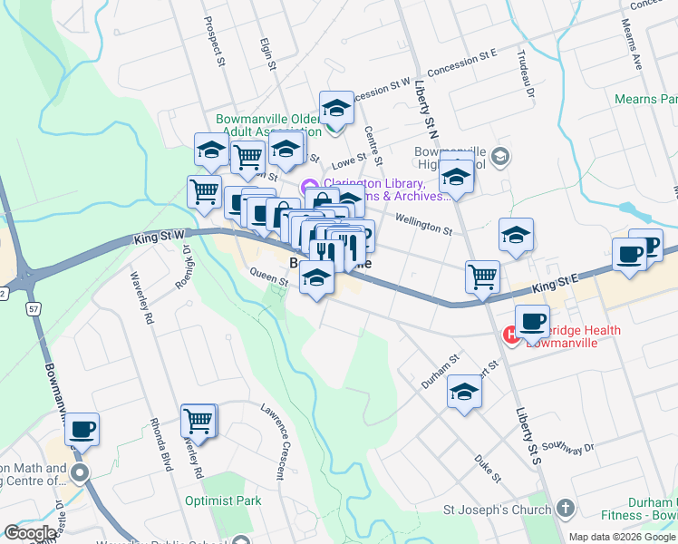 map of restaurants, bars, coffee shops, grocery stores, and more near 67 King Street East in Bowmanville