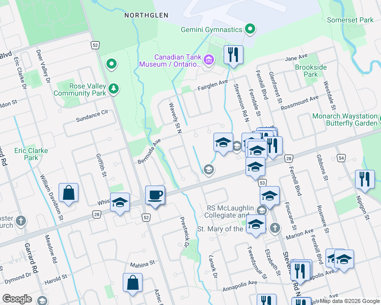 map of restaurants, bars, coffee shops, grocery stores, and more near 693 Waverly Street North in Oshawa