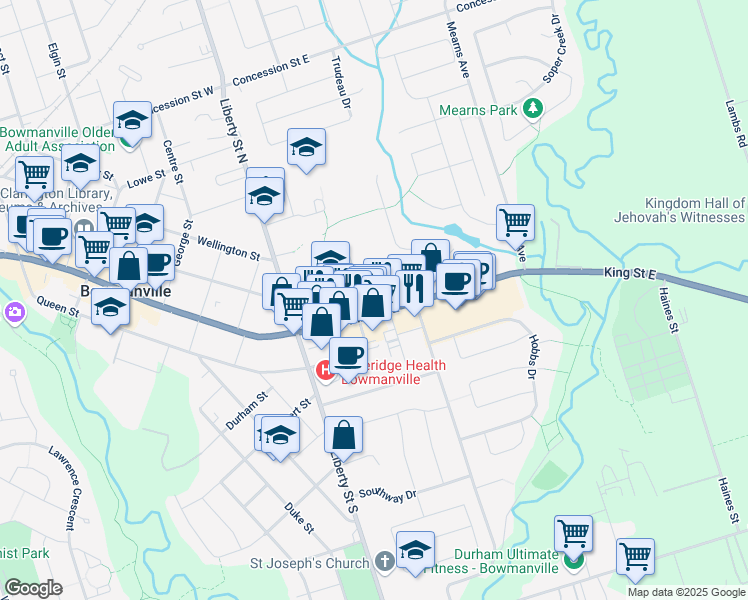 map of restaurants, bars, coffee shops, grocery stores, and more near 222 King Street East in Bowmanville