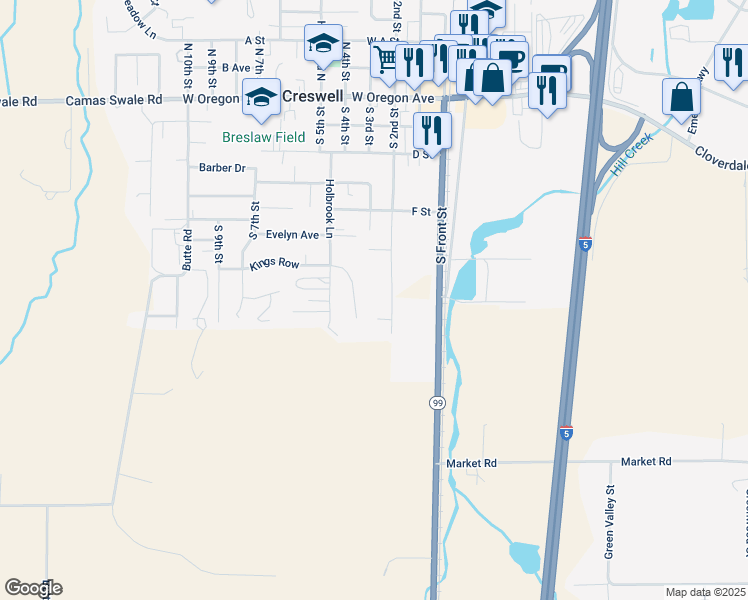 map of restaurants, bars, coffee shops, grocery stores, and more near 791 South 2nd Street in Creswell