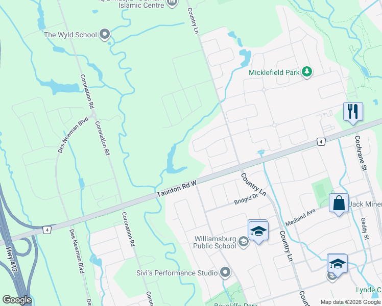 map of restaurants, bars, coffee shops, grocery stores, and more near 564-580 Taunton Road West in Whitby