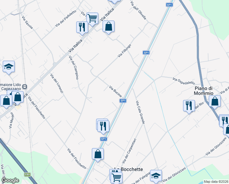 map of restaurants, bars, coffee shops, grocery stores, and more near 43 Via Bucine in Camaiore