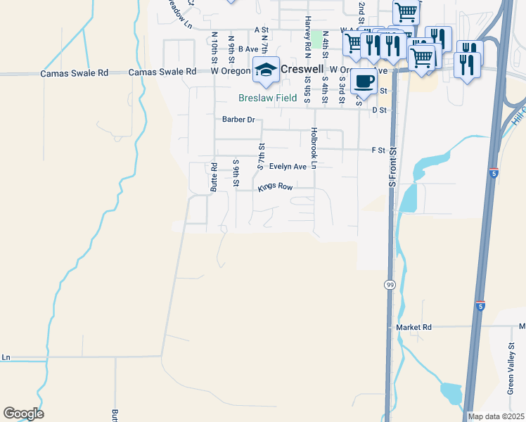 map of restaurants, bars, coffee shops, grocery stores, and more near Queens Avenue in Creswell