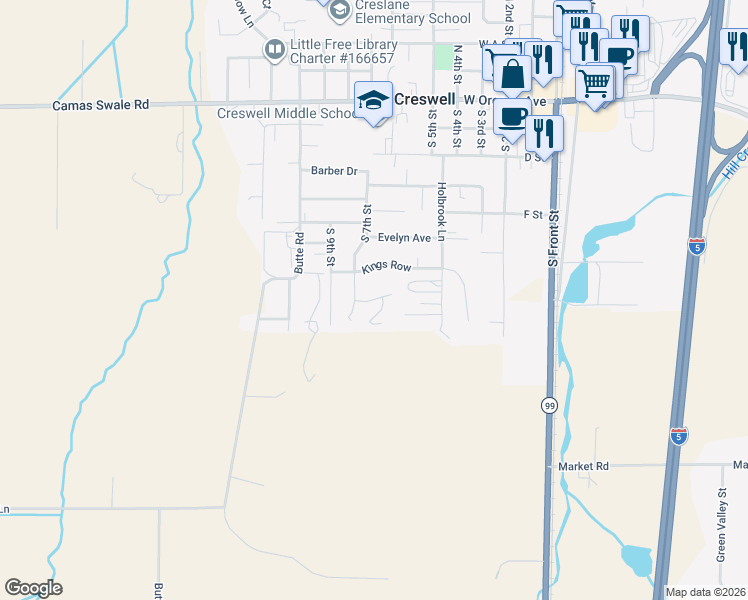 map of restaurants, bars, coffee shops, grocery stores, and more near Queens Avenue in Creswell
