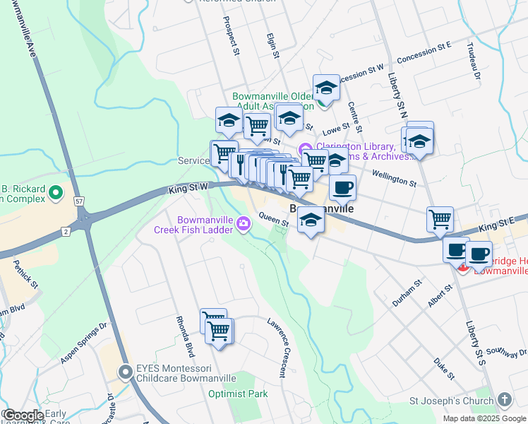 map of restaurants, bars, coffee shops, grocery stores, and more near 143 Queen Street in Bowmanville