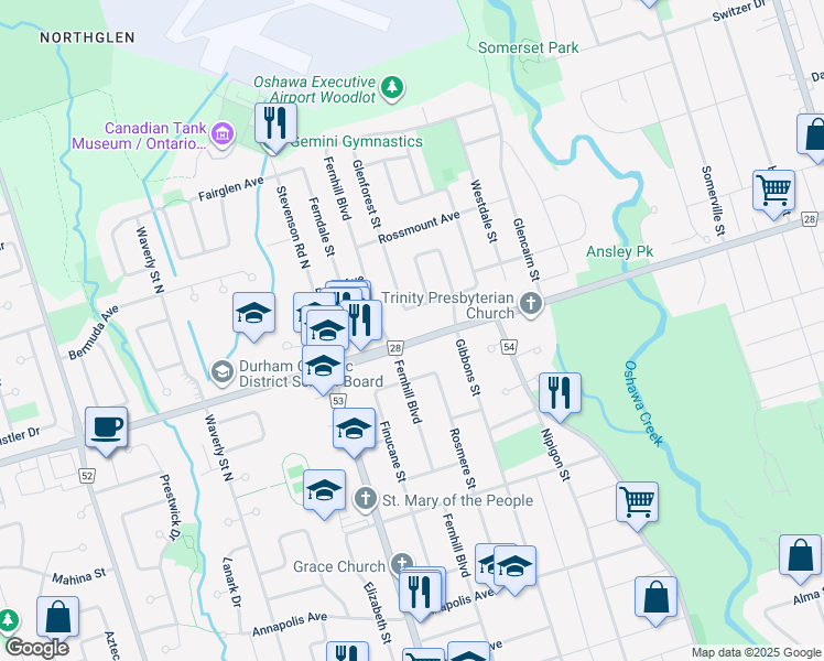 map of restaurants, bars, coffee shops, grocery stores, and more near in Oshawa