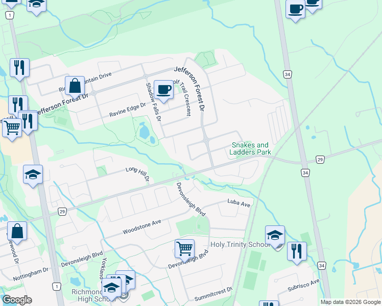 map of restaurants, bars, coffee shops, grocery stores, and more near 36 Magdalan Crescent in Richmond Hill