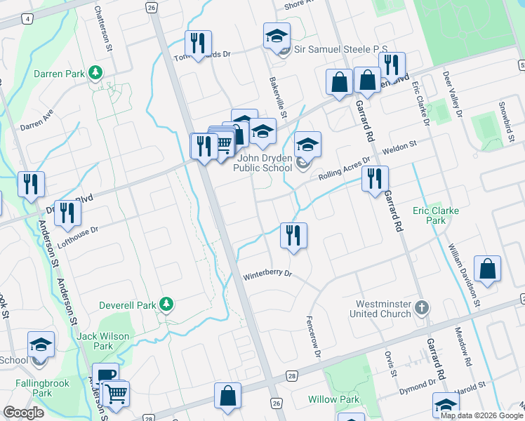 map of restaurants, bars, coffee shops, grocery stores, and more near 47 Waller Street in Whitby