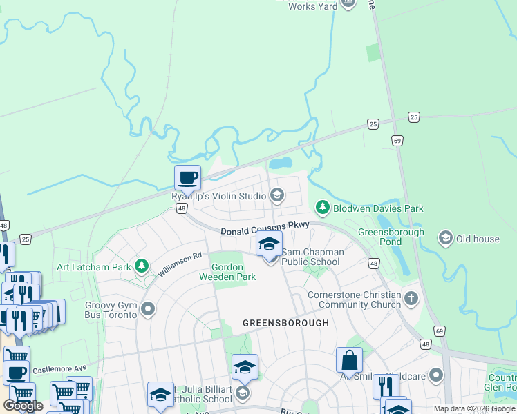 map of restaurants, bars, coffee shops, grocery stores, and more near 3 Gadani Drive in Markham