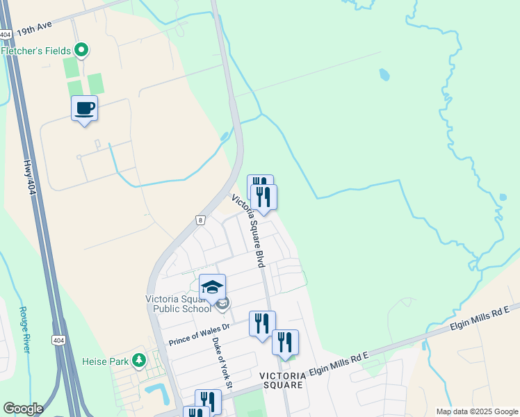 map of restaurants, bars, coffee shops, grocery stores, and more near 11087 Victoria Square Boulevard in Markham
