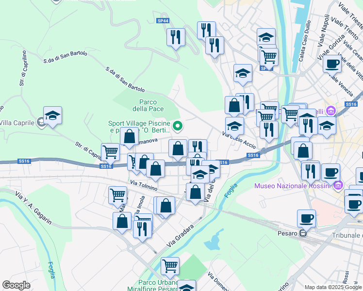 map of restaurants, bars, coffee shops, grocery stores, and more near 56 Strada Adriatica in Pesaro