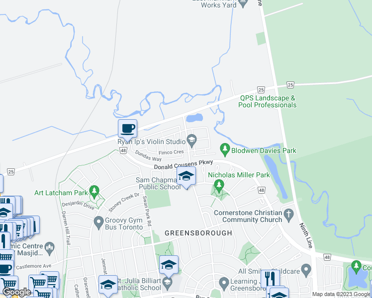 map of restaurants, bars, coffee shops, grocery stores, and more near 282 Delray Drive in Markham