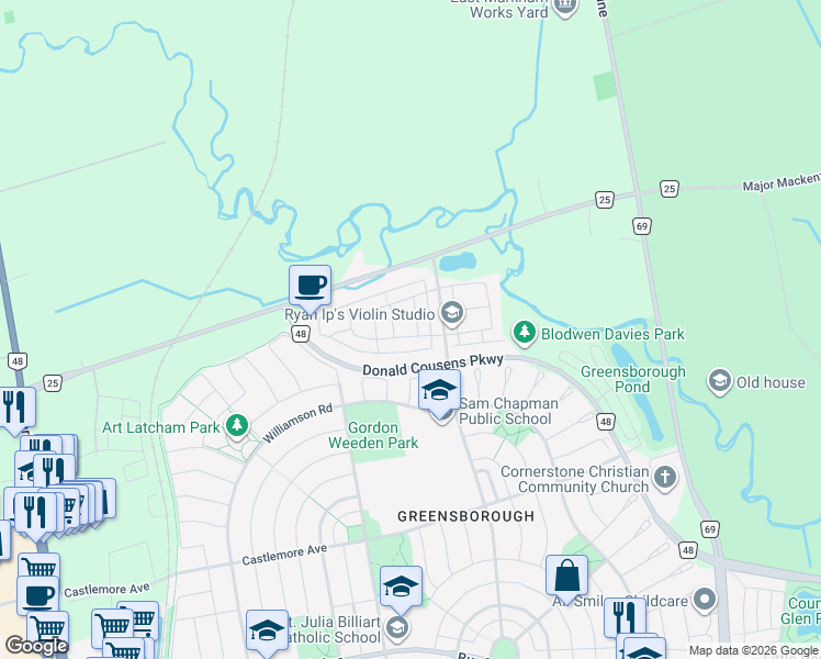 map of restaurants, bars, coffee shops, grocery stores, and more near 6 Gadani Drive in Markham