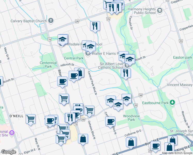 map of restaurants, bars, coffee shops, grocery stores, and more near 596 Arnhem Drive in Oshawa