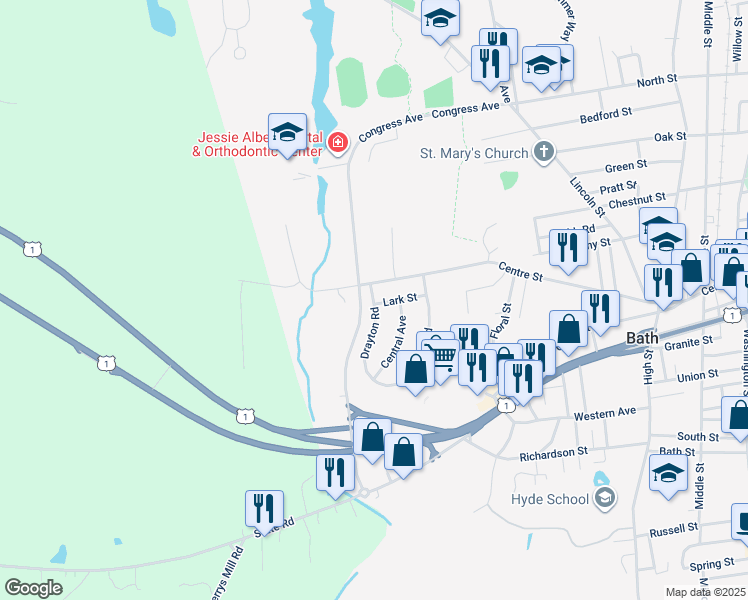 map of restaurants, bars, coffee shops, grocery stores, and more near 80 Congress Avenue in Bath