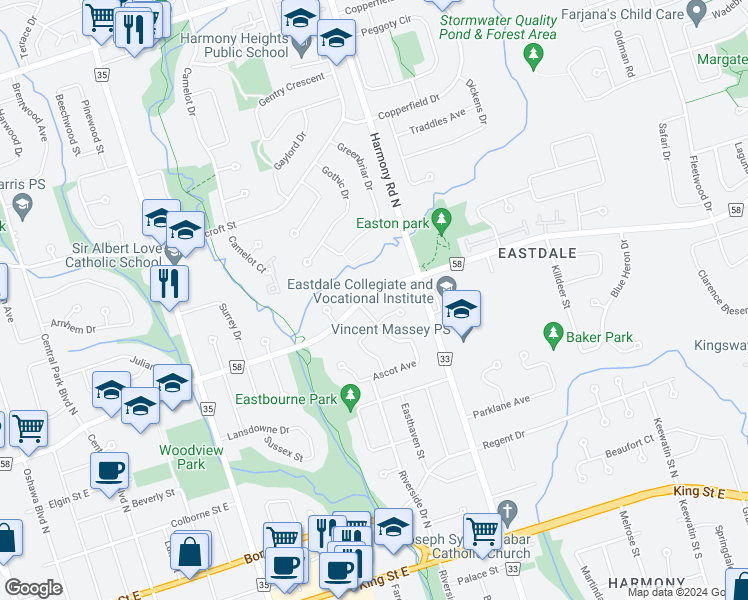 map of restaurants, bars, coffee shops, grocery stores, and more near 752 Adelaide Avenue East in Oshawa
