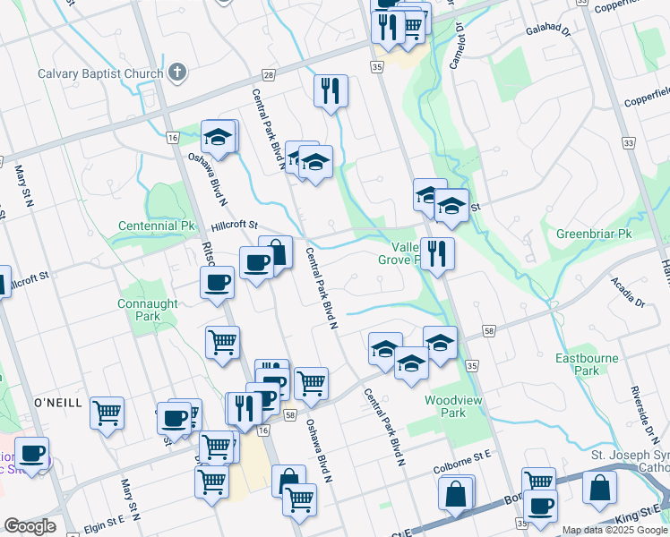 map of restaurants, bars, coffee shops, grocery stores, and more near in Oshawa