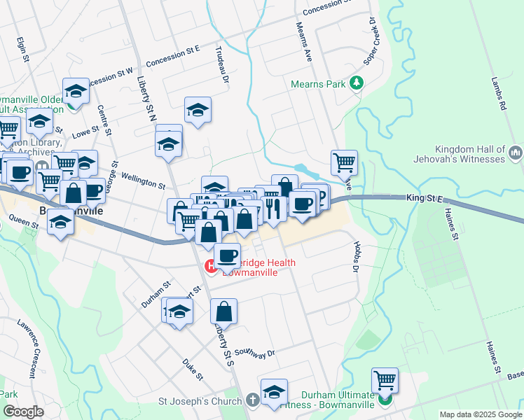 map of restaurants, bars, coffee shops, grocery stores, and more near 246 King Street East in Bowmanville