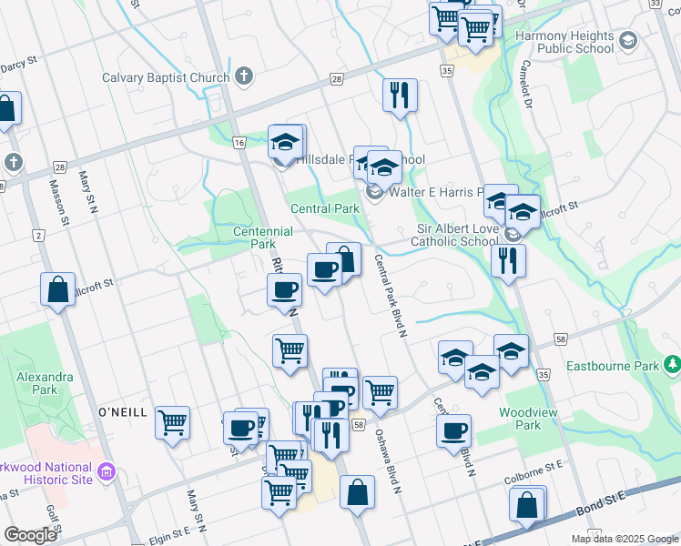 map of restaurants, bars, coffee shops, grocery stores, and more near in Oshawa