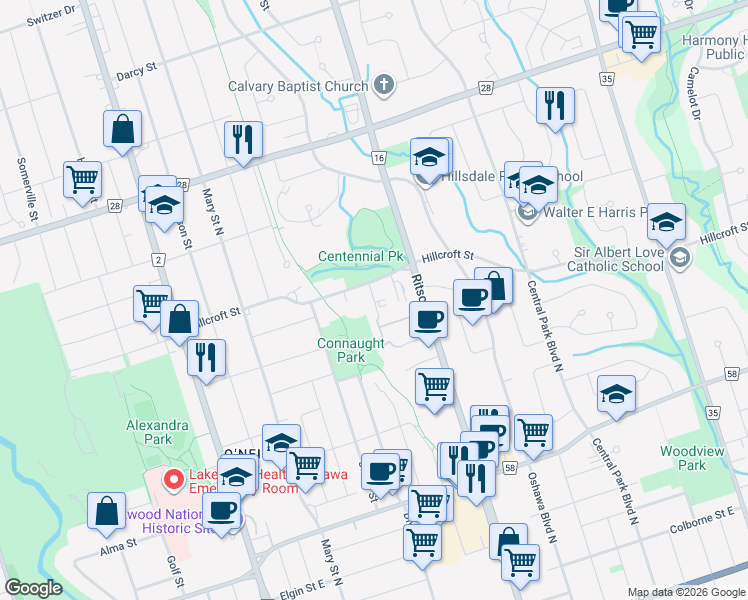 map of restaurants, bars, coffee shops, grocery stores, and more near Trick Avenue in Oshawa
