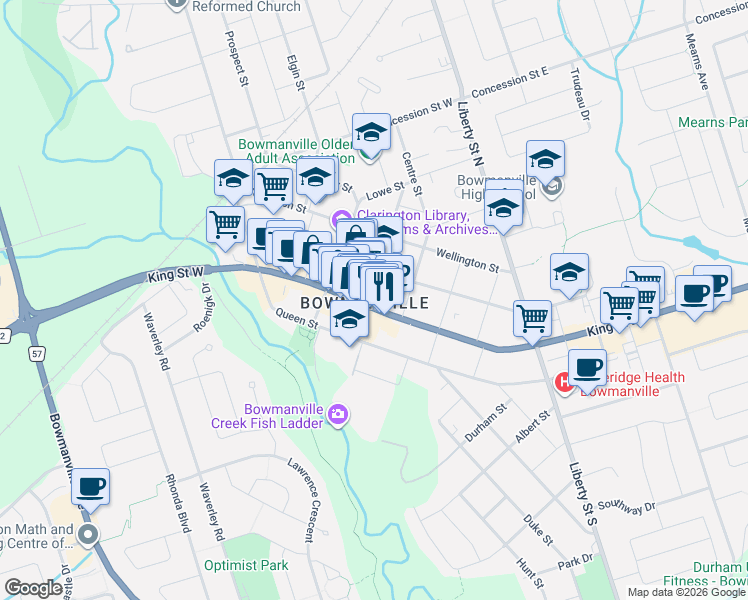 map of restaurants, bars, coffee shops, grocery stores, and more near 54 King Street East in Bowmanville