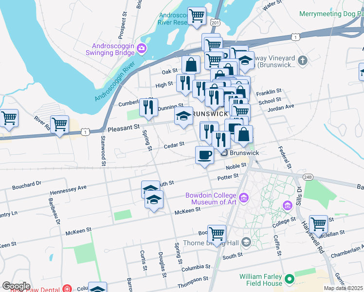 map of restaurants, bars, coffee shops, grocery stores, and more near 8 Cedar Street in Brunswick