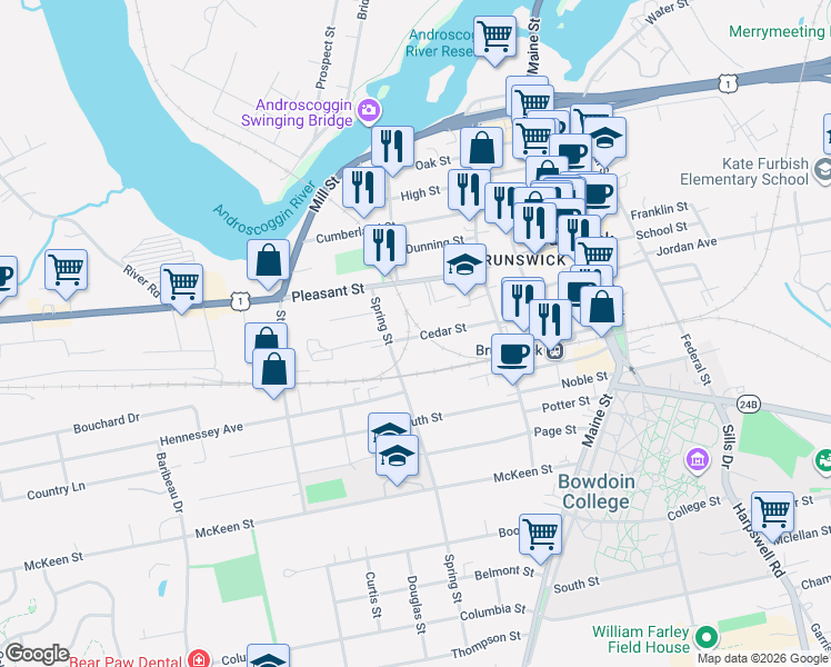 map of restaurants, bars, coffee shops, grocery stores, and more near 18 Cedar Street in Brunswick