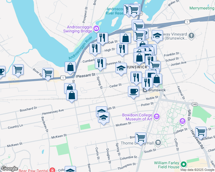 map of restaurants, bars, coffee shops, grocery stores, and more near 18 Cedar Street in Brunswick