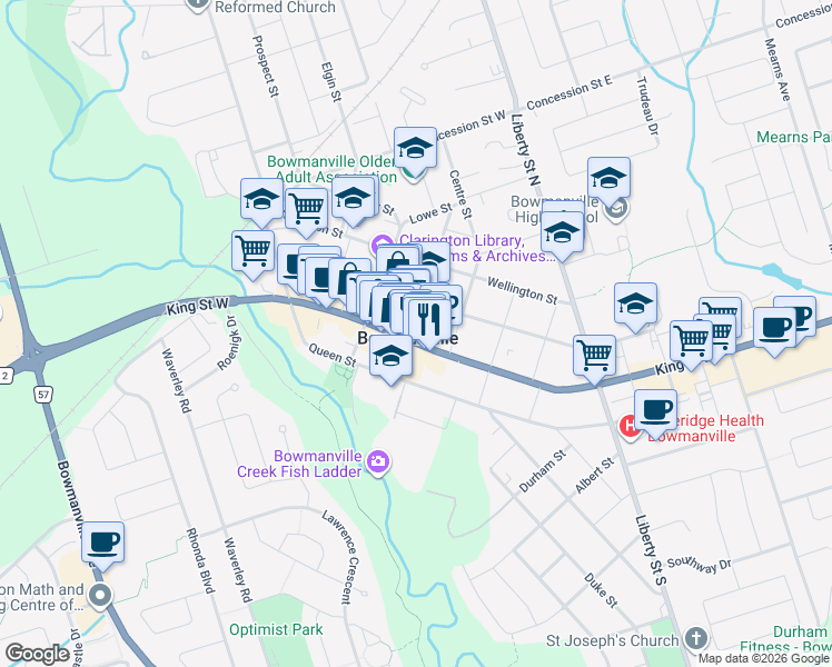map of restaurants, bars, coffee shops, grocery stores, and more near in Bowmanville