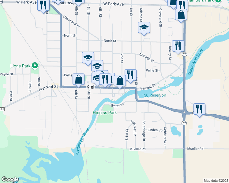 map of restaurants, bars, coffee shops, grocery stores, and more near 227 Fremont Street in Kiel
