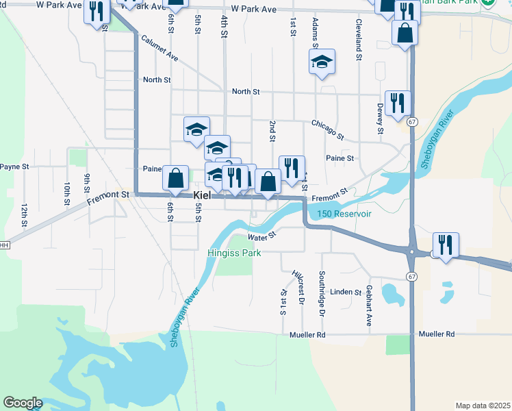map of restaurants, bars, coffee shops, grocery stores, and more near 227 Fremont Street in Kiel
