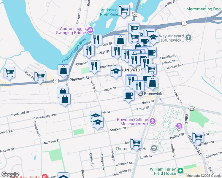 map of restaurants, bars, coffee shops, grocery stores, and more near 18 Cedar Street in Brunswick