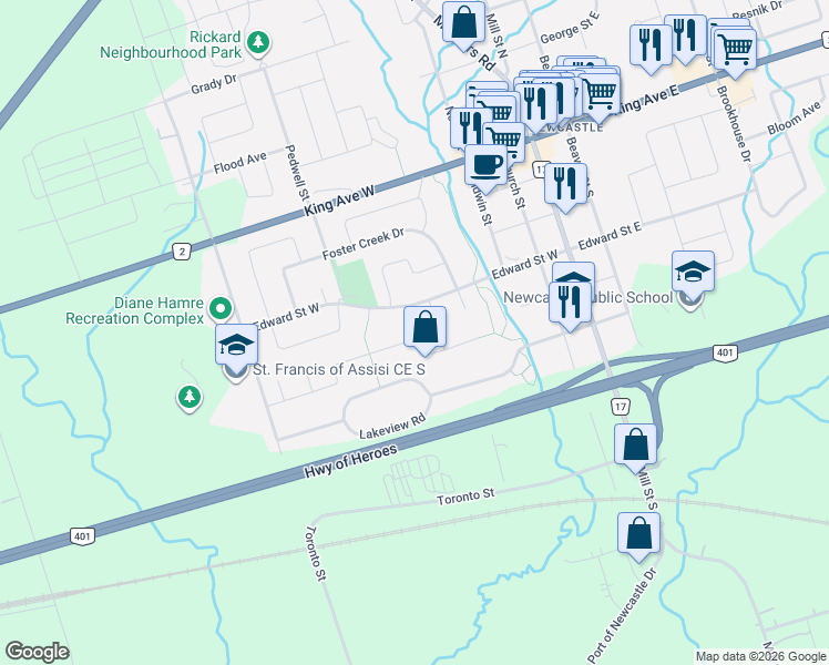 map of restaurants, bars, coffee shops, grocery stores, and more near 177 Edward Street West in Newcastle
