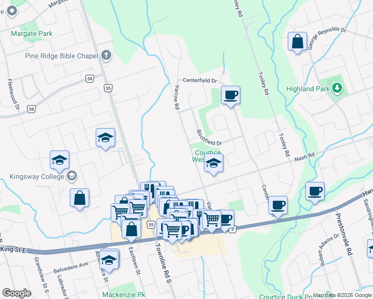 map of restaurants, bars, coffee shops, grocery stores, and more near in Courtice