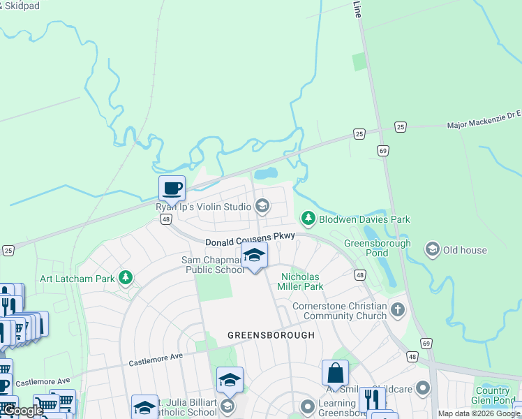 map of restaurants, bars, coffee shops, grocery stores, and more near 297 Delray Drive in Markham