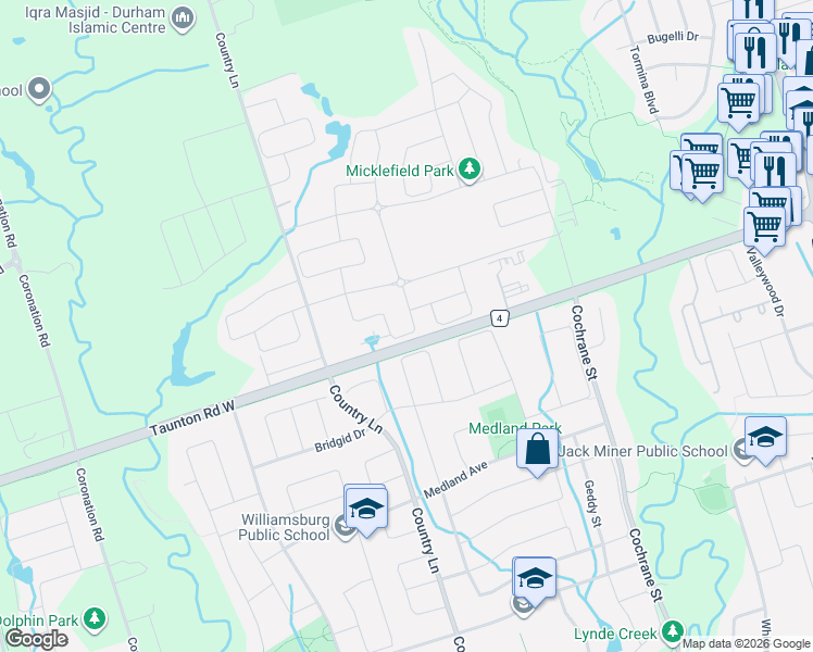 map of restaurants, bars, coffee shops, grocery stores, and more near 89 Dorian Drive in Whitby