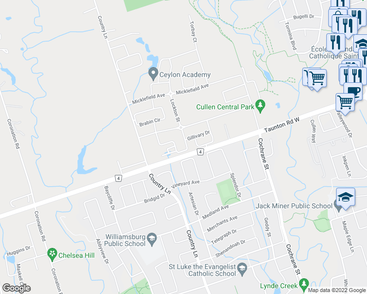 map of restaurants, bars, coffee shops, grocery stores, and more near 89 Dorian Drive in Whitby