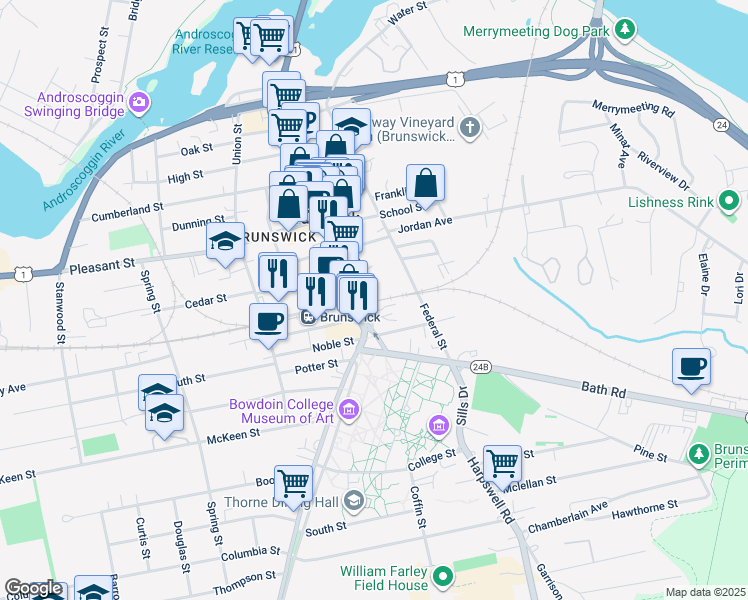 map of restaurants, bars, coffee shops, grocery stores, and more near 173 Park Row in Brunswick