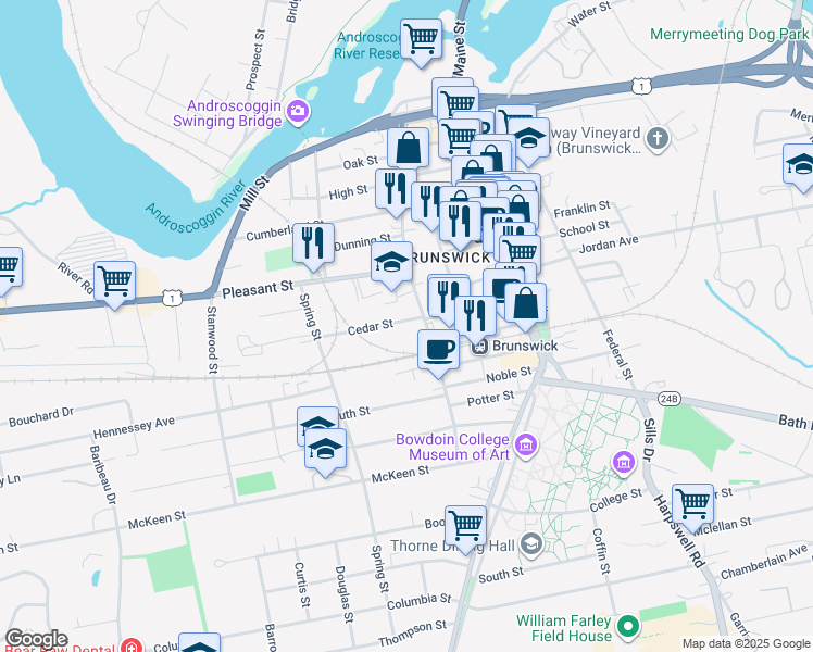 map of restaurants, bars, coffee shops, grocery stores, and more near 8 Cedar Street in Brunswick