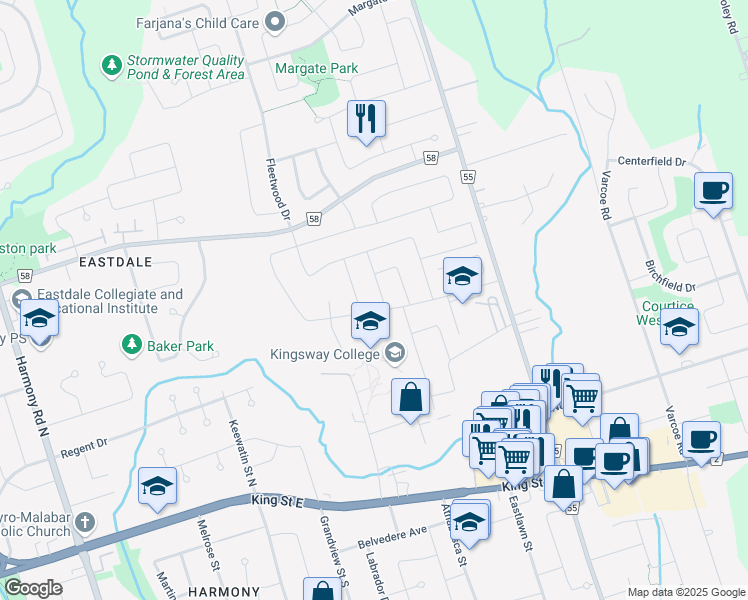 map of restaurants, bars, coffee shops, grocery stores, and more near 313 Wagar Court in Oshawa