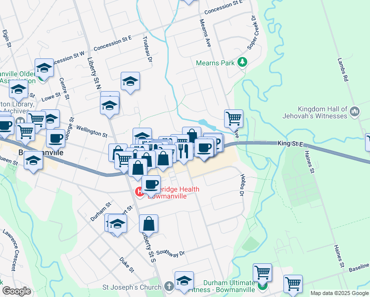 map of restaurants, bars, coffee shops, grocery stores, and more near 252 King Street East in Bowmanville